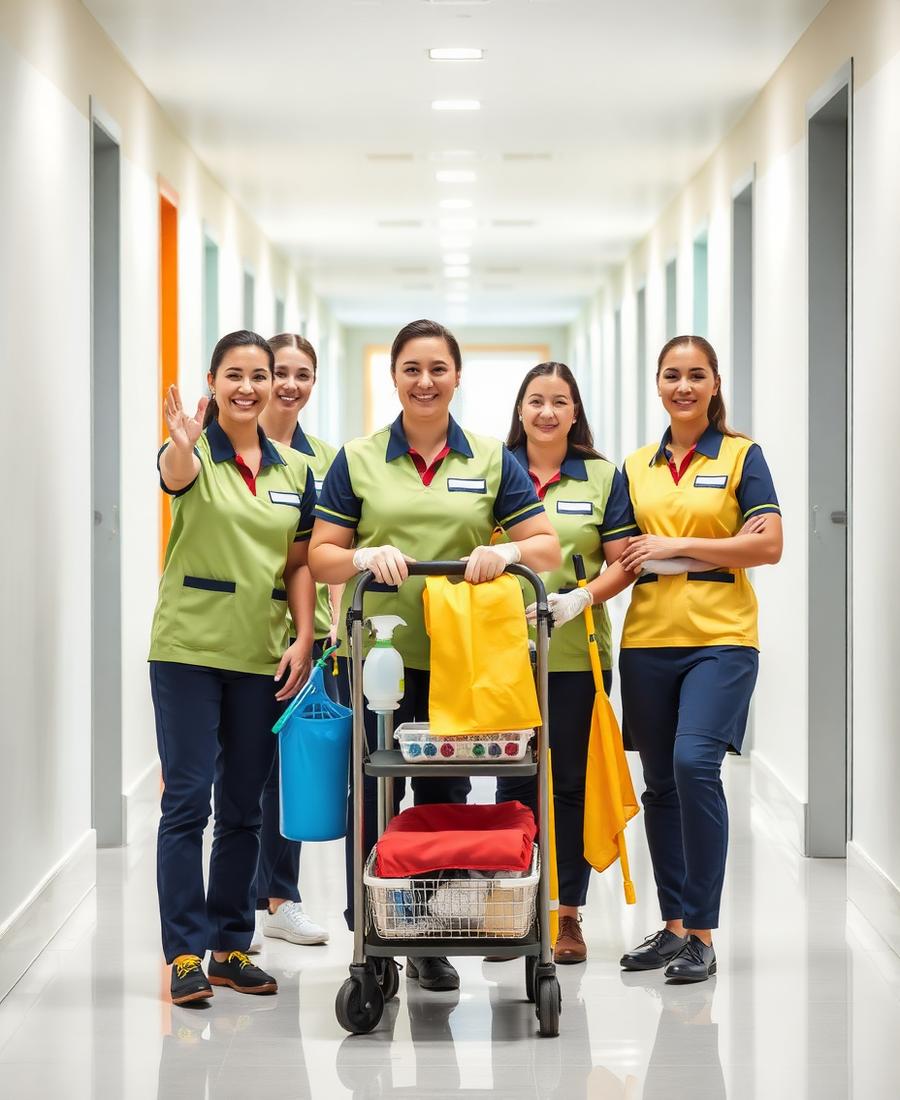Neha Enterprise housekeeping team with cleaning trolley