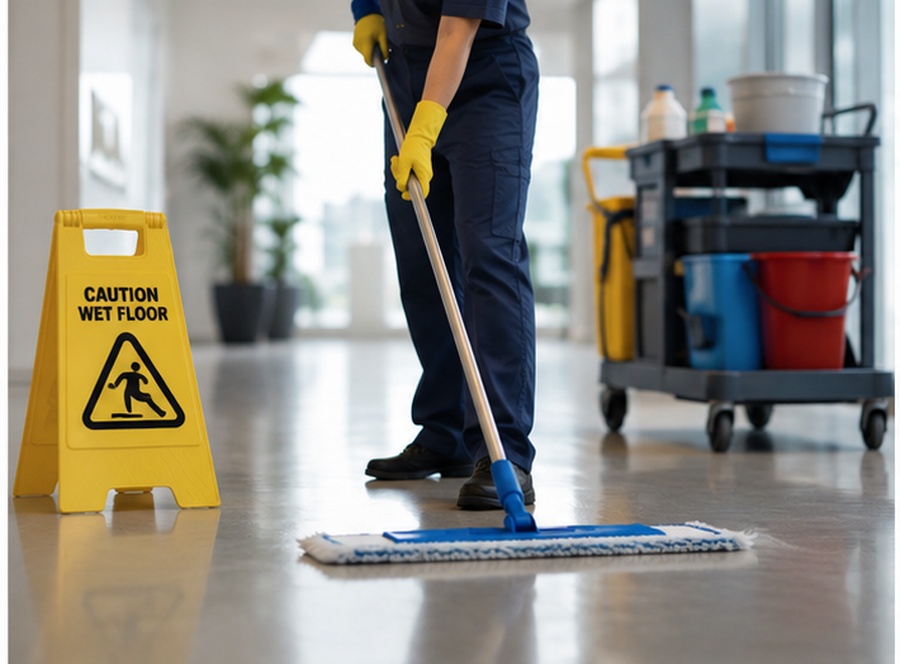 Floor mopping with caution sign