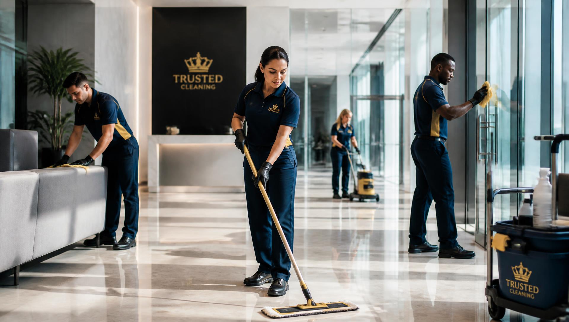 Team cleaning an office lobby