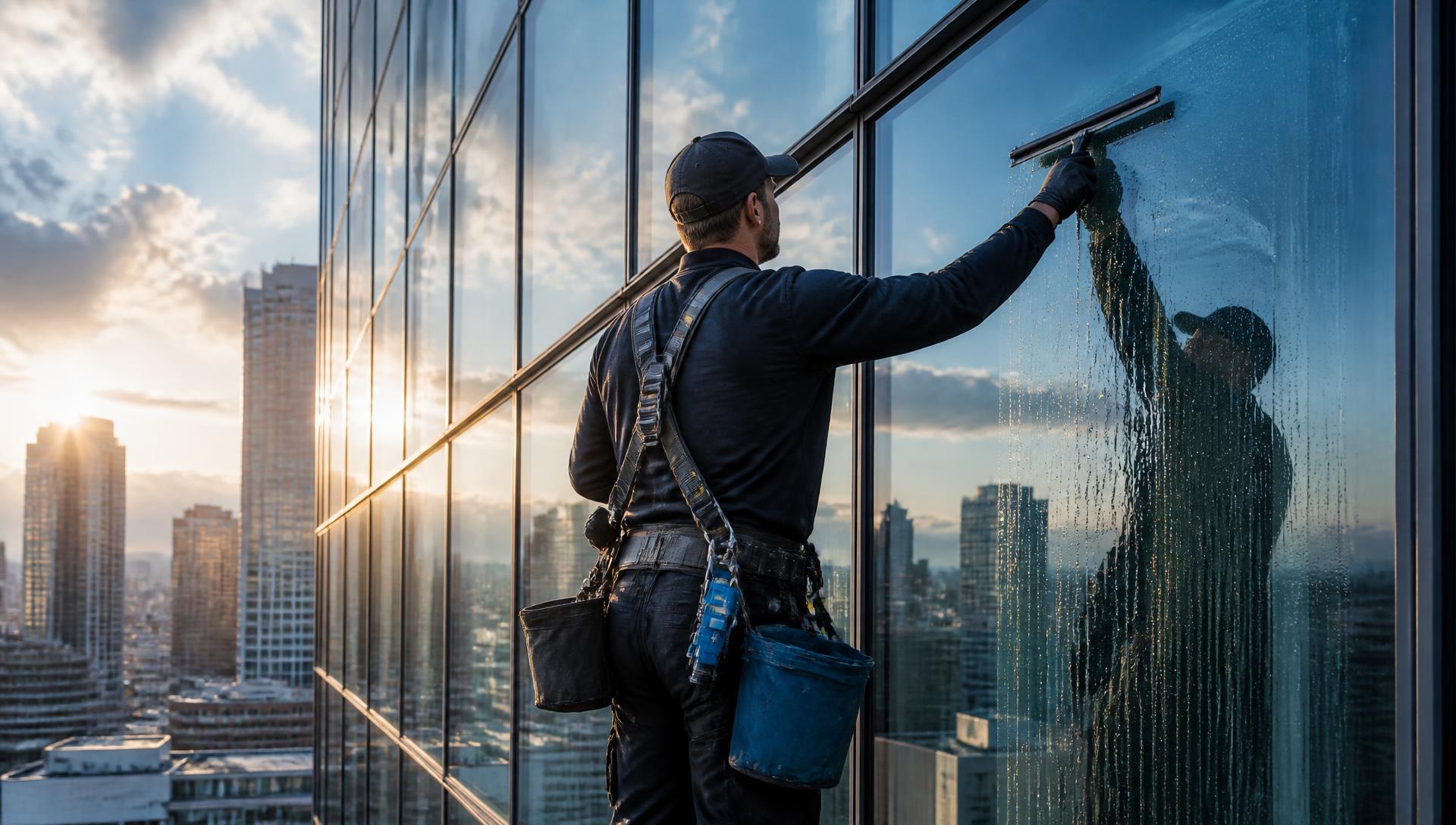 Worker cleaning glass facade