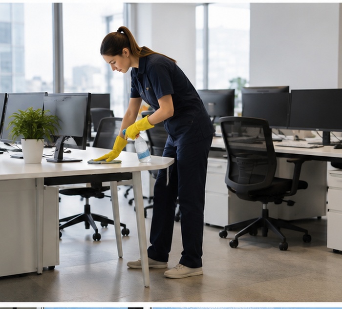 Housekeeping staff cleaning an office